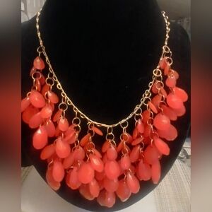 Gold Tone Acrylic Bib Style Statement Necklace Blood Orange